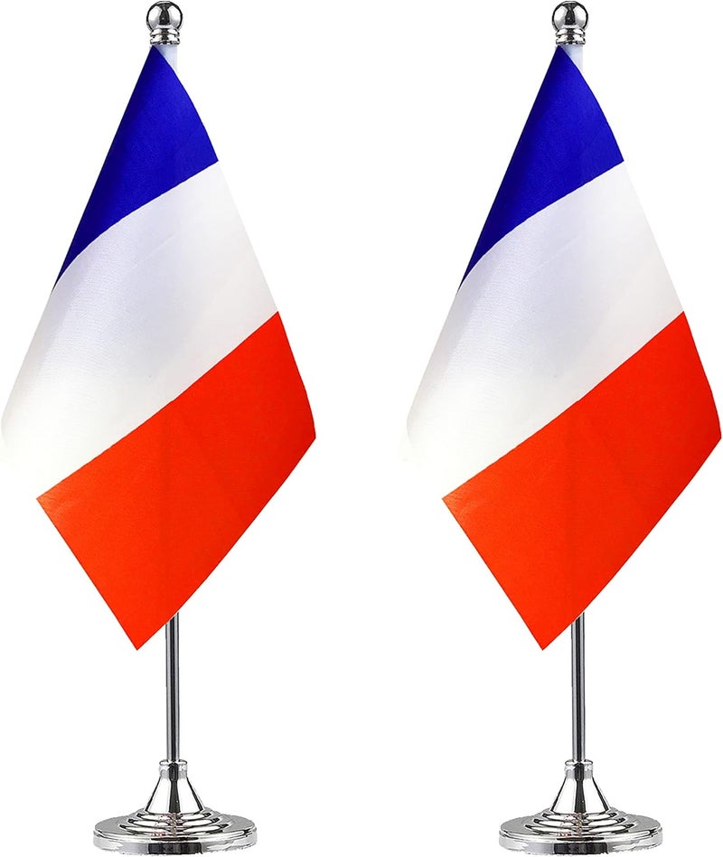 WXTWK 2 Pack France Flag French Desk Flag Small Mini French Table Flags With Stand Base,Home Office Festival Events Celebration Decorations - Image 1